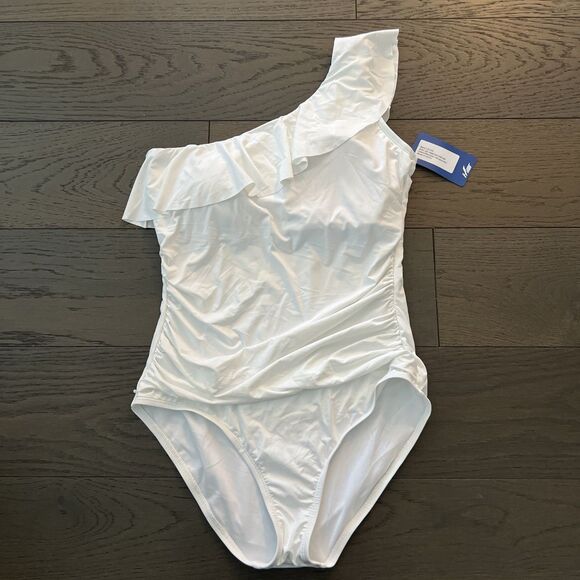 HILOR  Women's Size 12 White Swimsuit One Shoulder Asymmetric Ruffle NWT - Picture 2 of 7